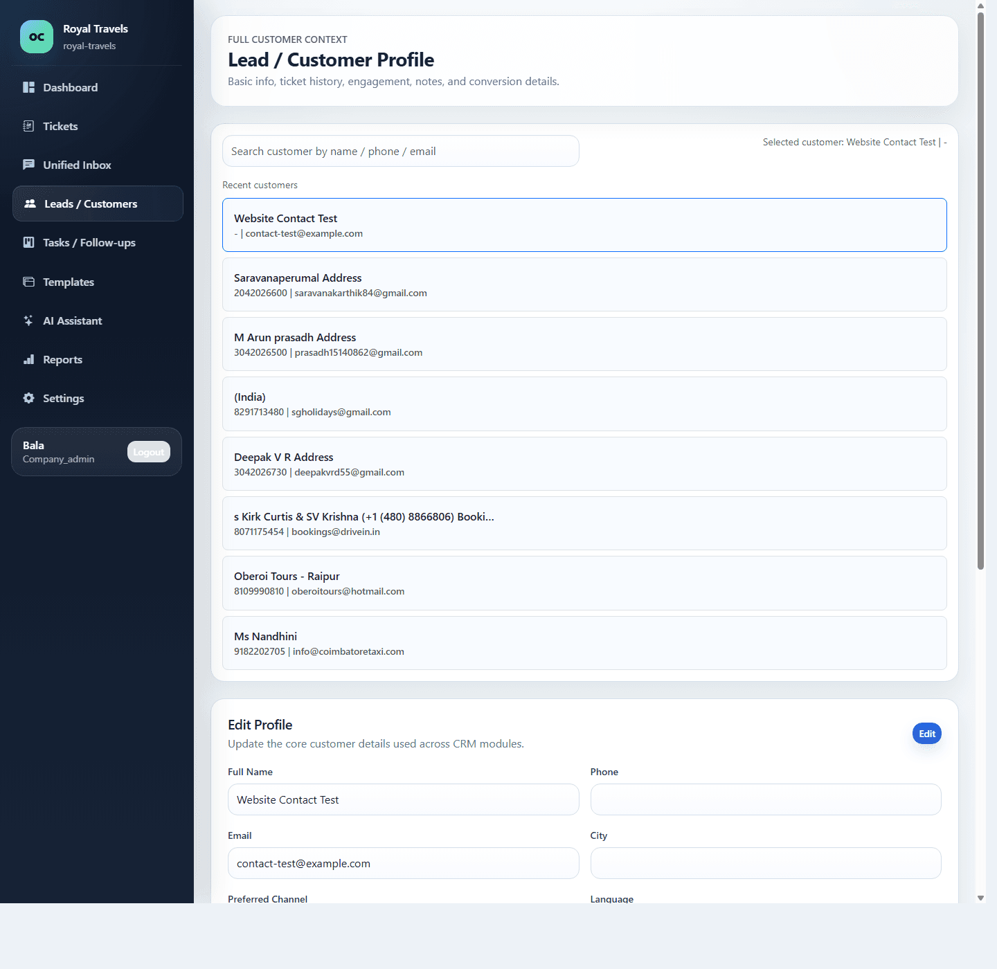 TripDhootha customer records screenshot