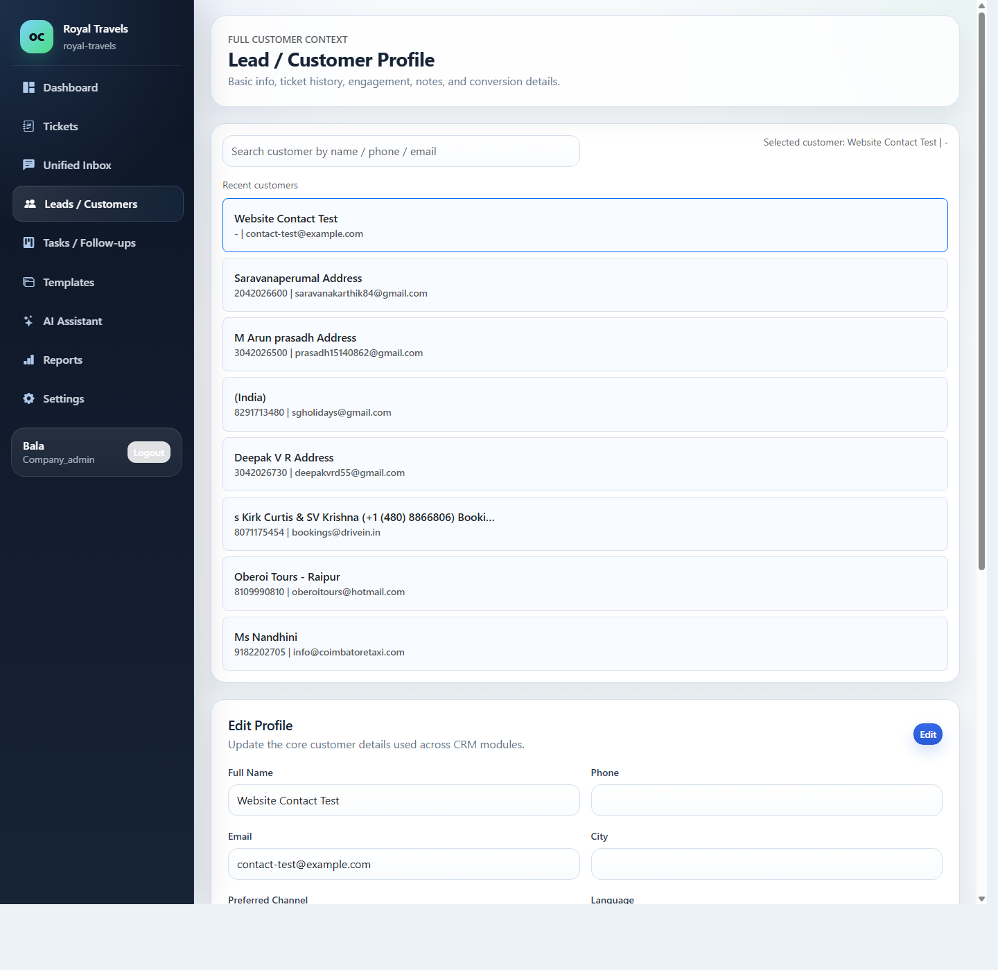 Tripdhootha customer records screen showing lead and customer history in the live CRM
